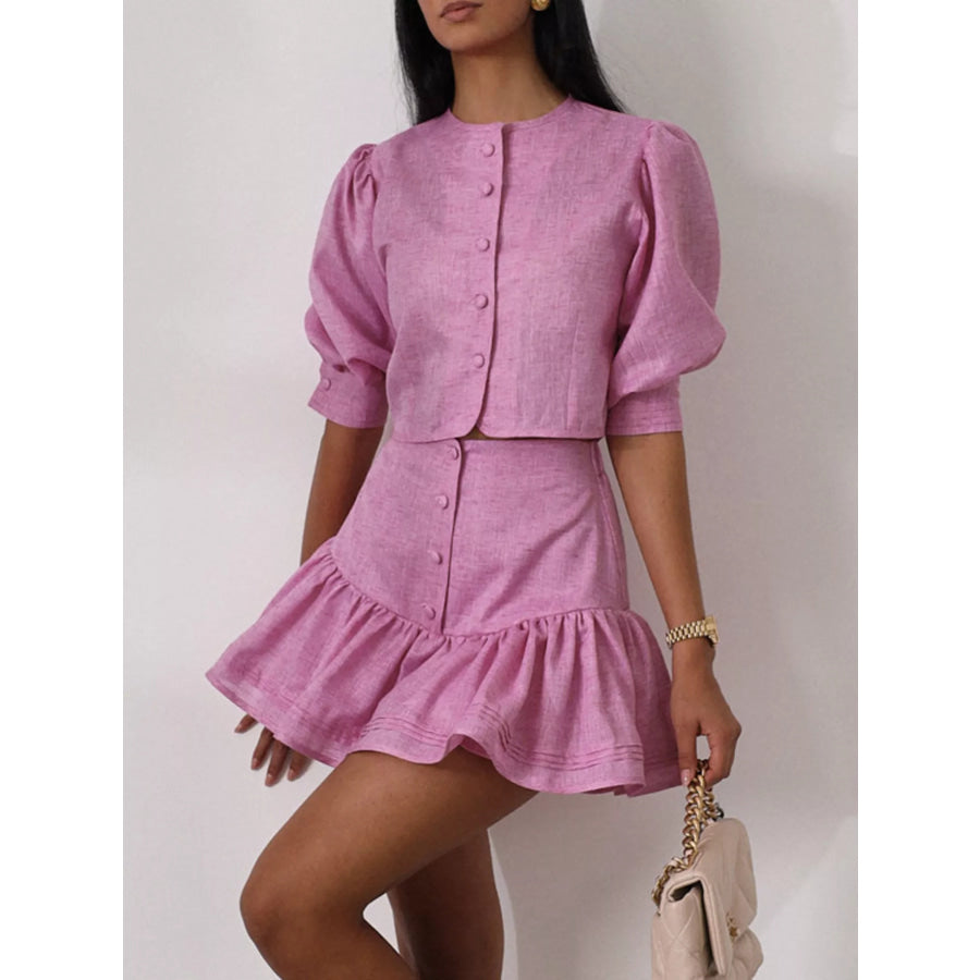 Puff Sleeve Cropped Top and Ruffled Skirt Set Apparel and Accessories