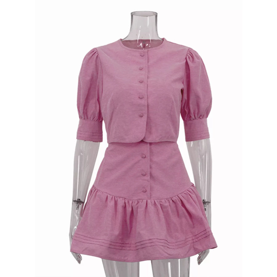 Puff Sleeve Cropped Top and Ruffled Skirt Set Apparel and Accessories