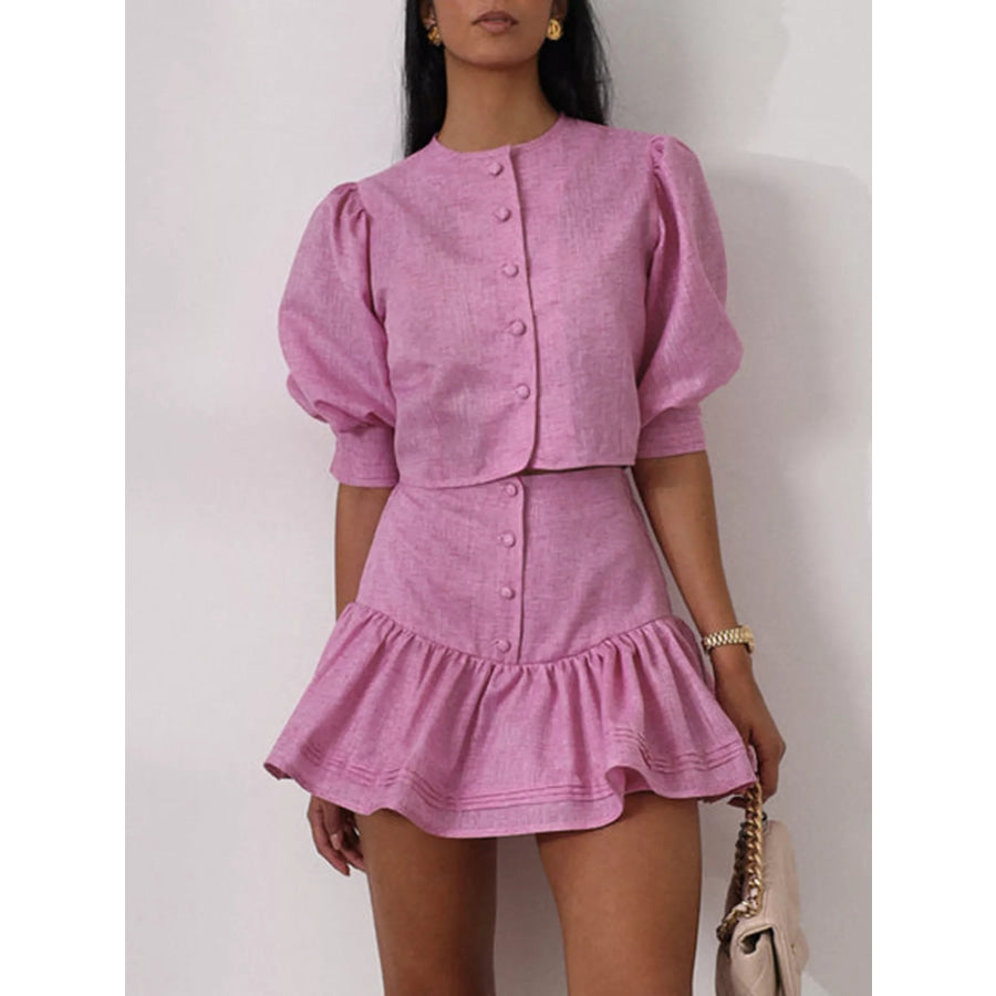 Puff Sleeve Cropped Top and Ruffled Skirt Set Fuchsia Pink / S Apparel and Accessories