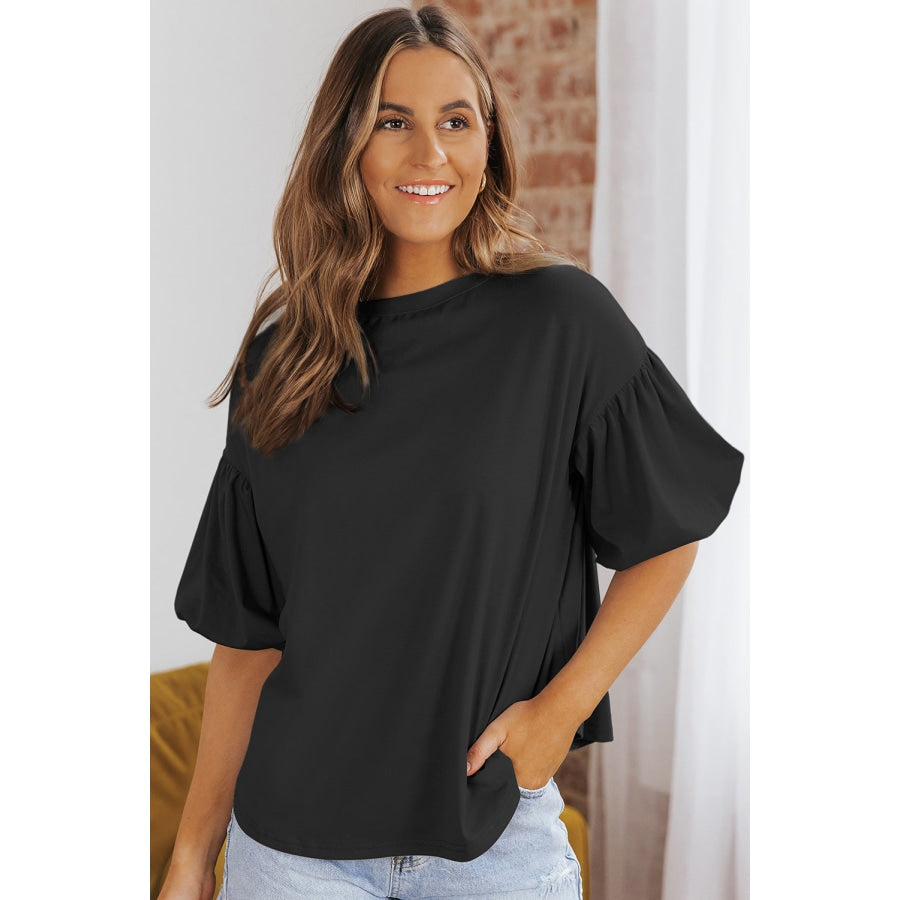 Puff Sleeve Curved Hem Blouse Black / 2XL