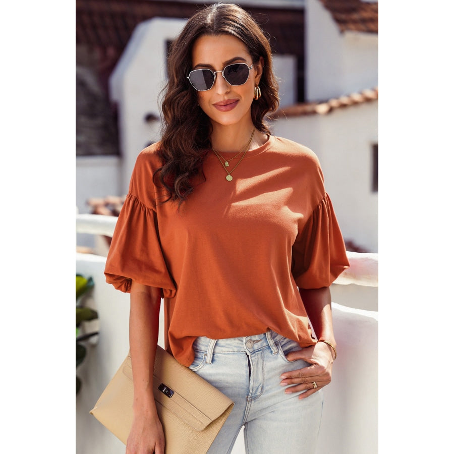 Puff Sleeve Curved Hem Blouse Terracotta / S