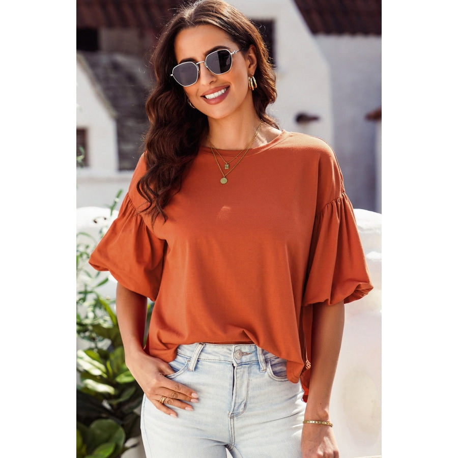 Puff Sleeve Curved Hem Blouse