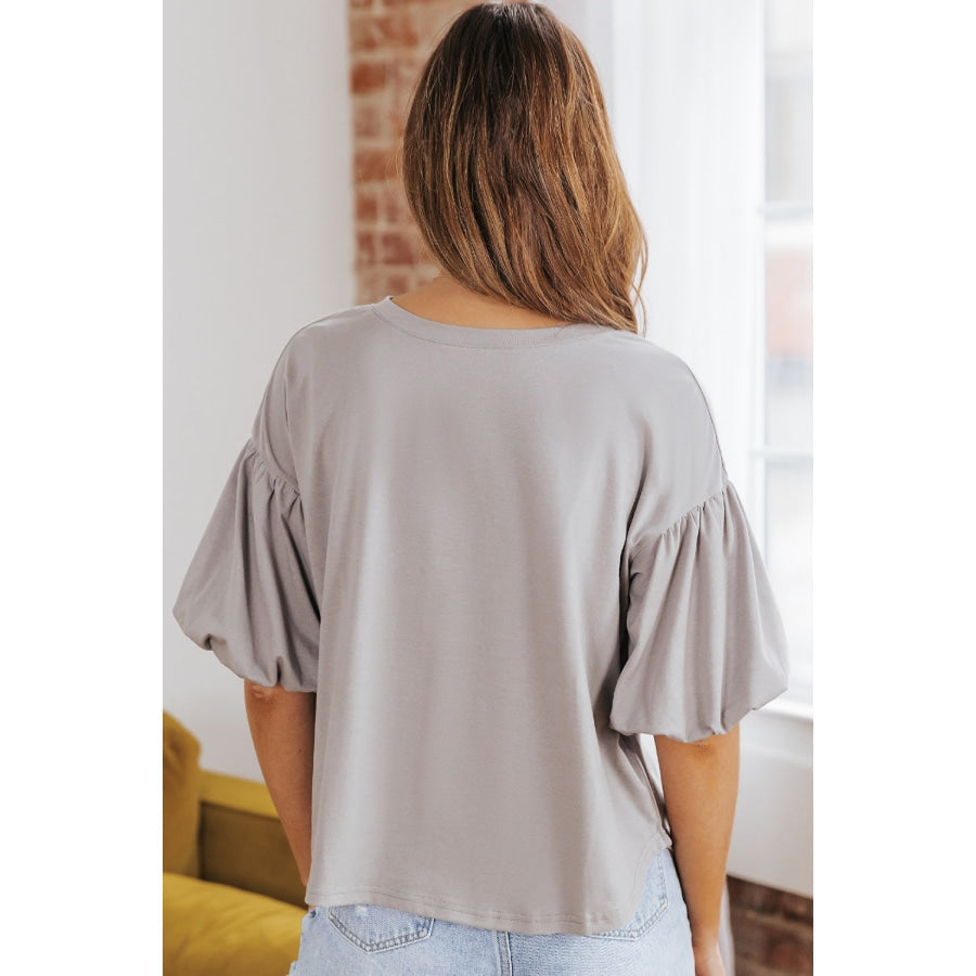 Puff Sleeve Curved Hem Blouse Gray / S