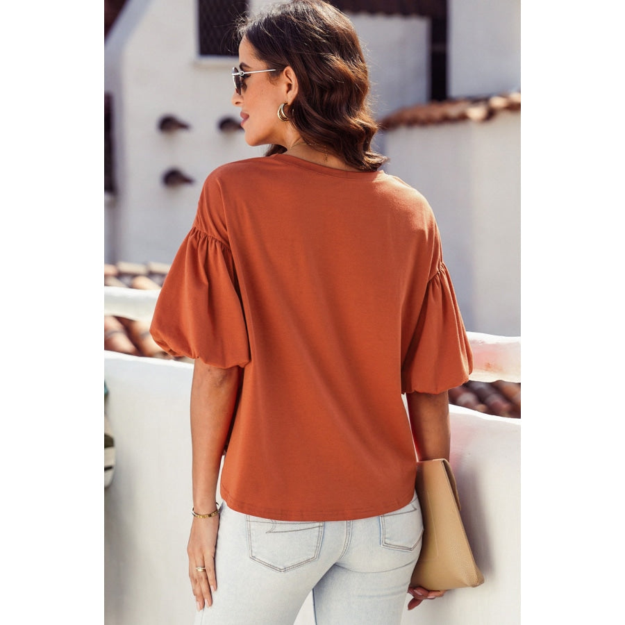 Puff Sleeve Curved Hem Blouse