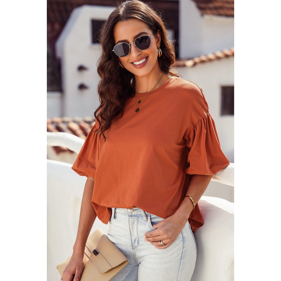 Puff Sleeve Curved Hem Blouse