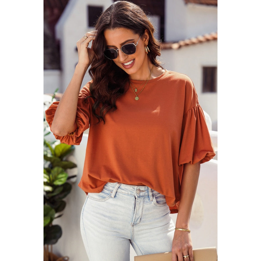 Puff Sleeve Curved Hem Blouse