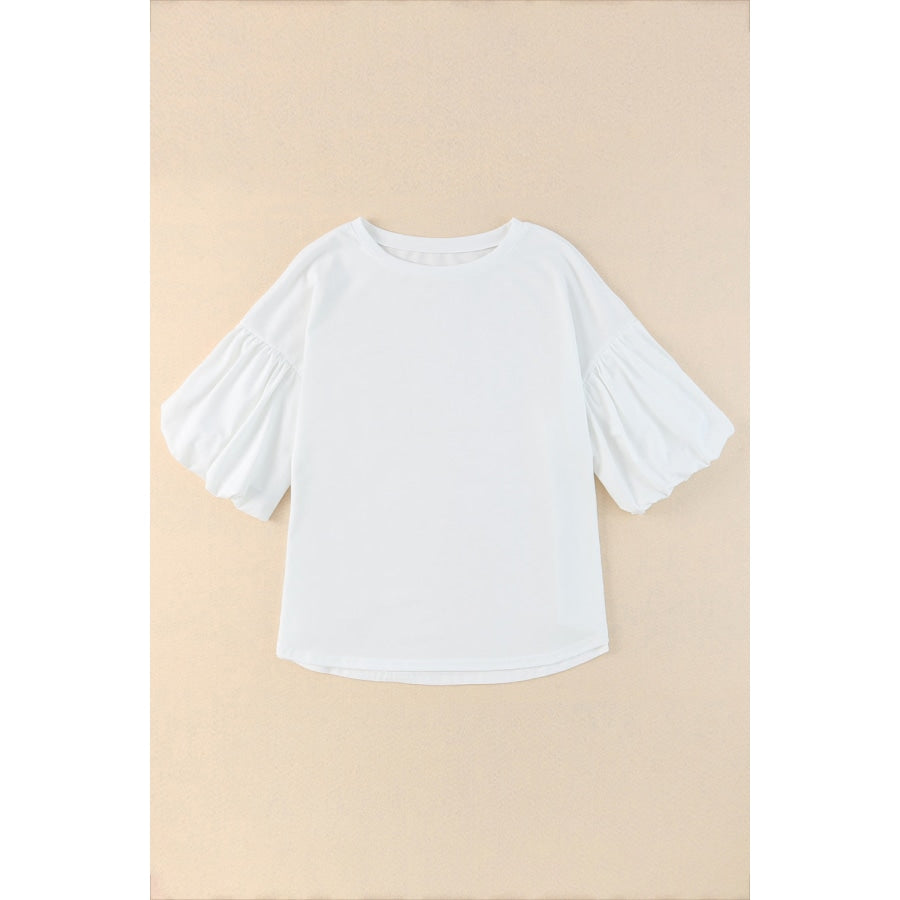 Puff Sleeve Curved Hem Blouse White / 2XL