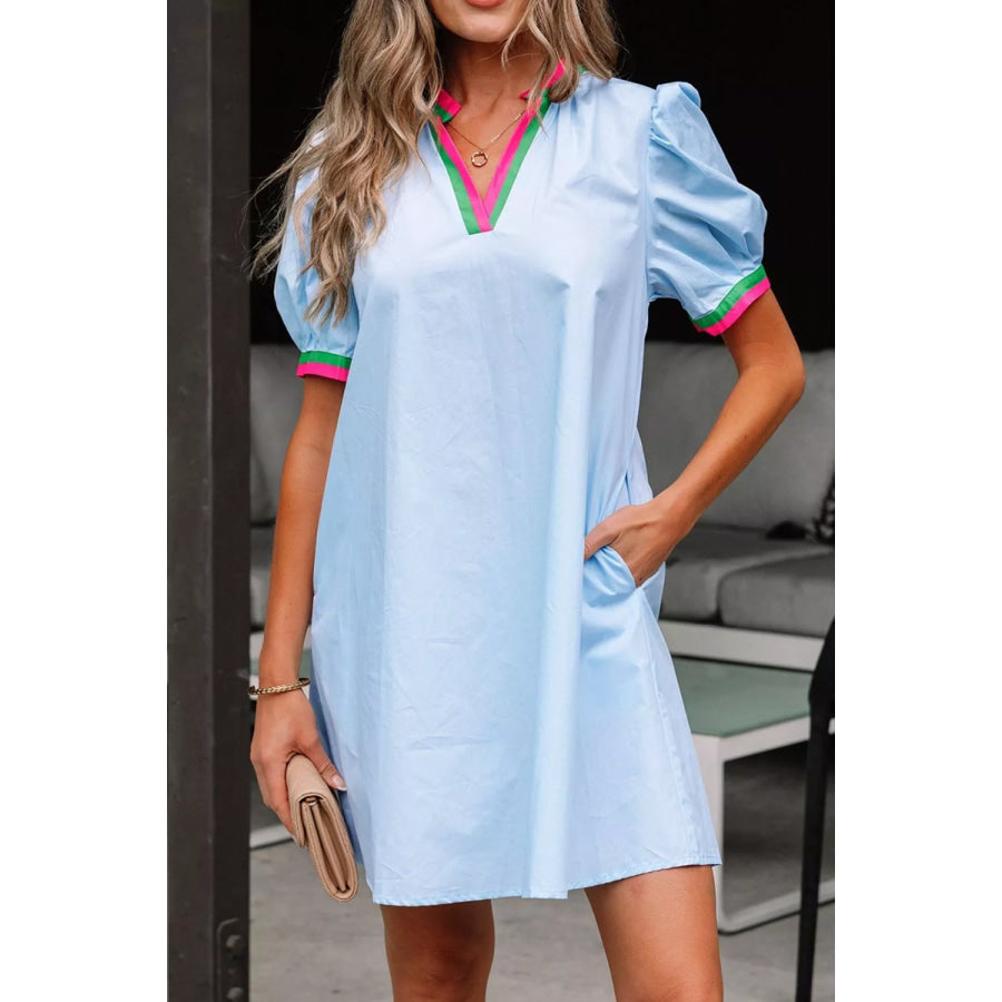 Puff Sleeve Mini Dress with Contrast Trim Apparel and Accessories