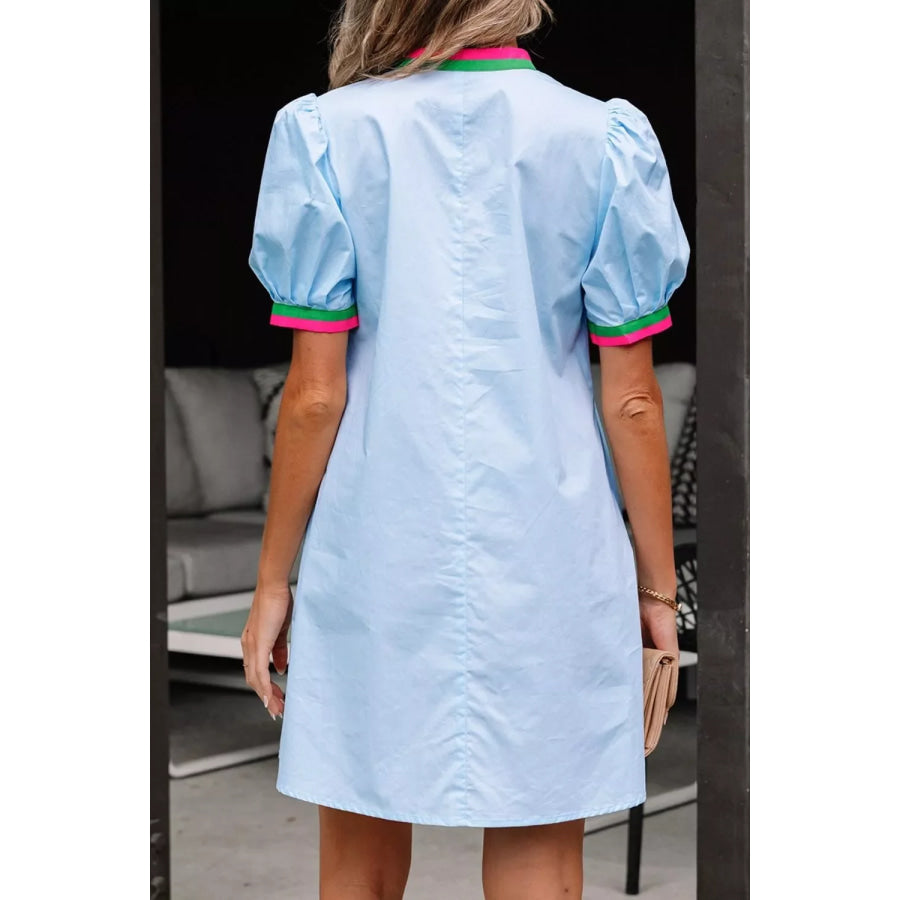 Puff Sleeve Mini Dress with Contrast Trim Light Blue / S Apparel and Accessories
