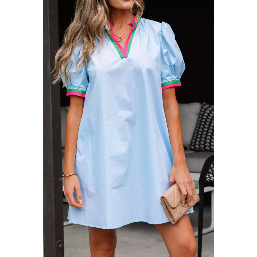 Puff Sleeve Mini Dress with Contrast Trim Light Blue / S Apparel and Accessories