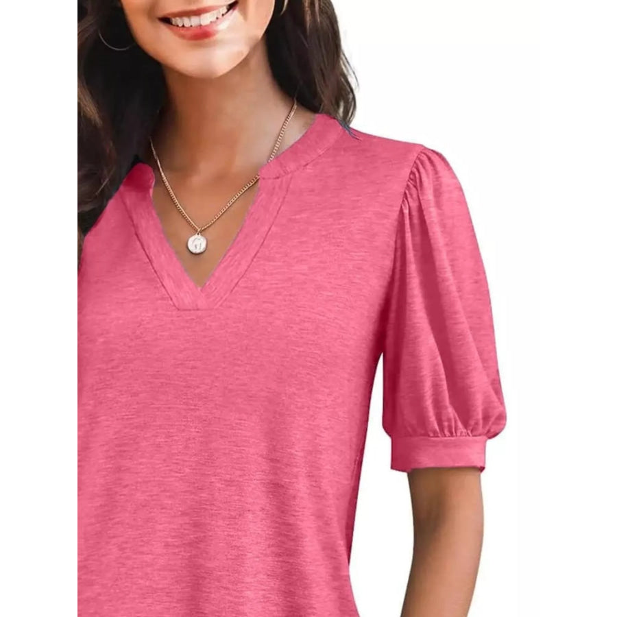 Puff Sleeve Notched Casual T-Shirt Apparel and Accessories