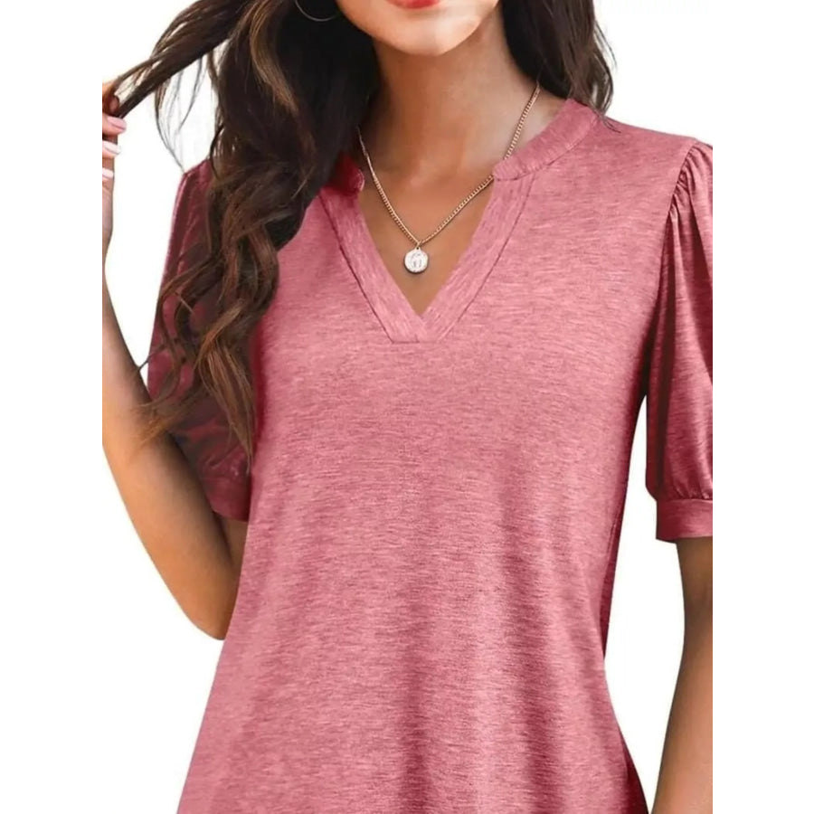Puff Sleeve Notched Casual T-Shirt Apparel and Accessories