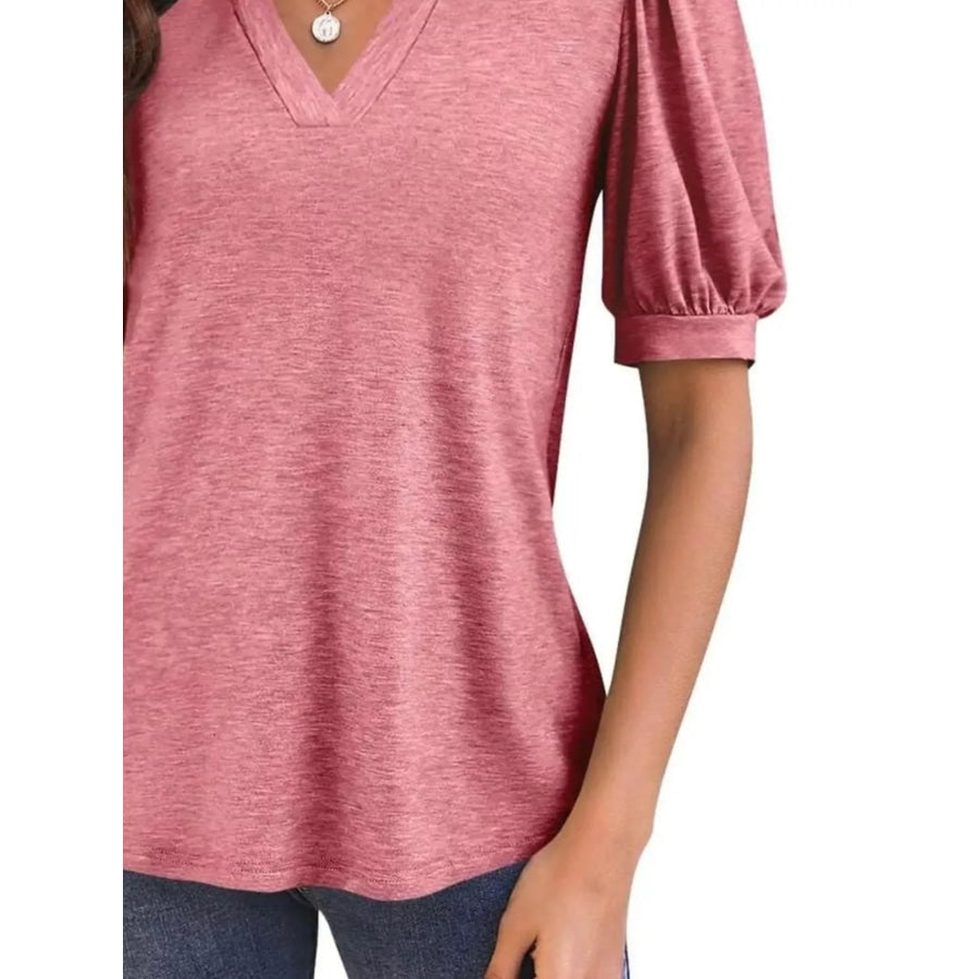 Puff Sleeve Notched Casual T-Shirt Apparel and Accessories