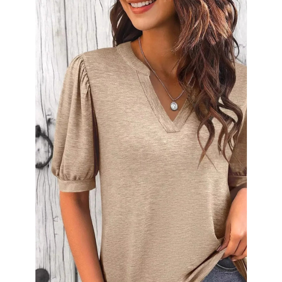 Puff Sleeve Notched Casual T-Shirt Apparel and Accessories