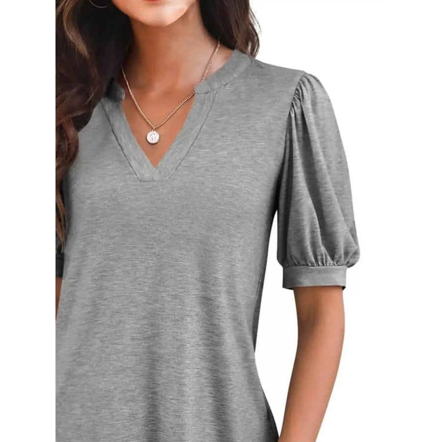 Puff Sleeve Notched Casual T-Shirt Apparel and Accessories