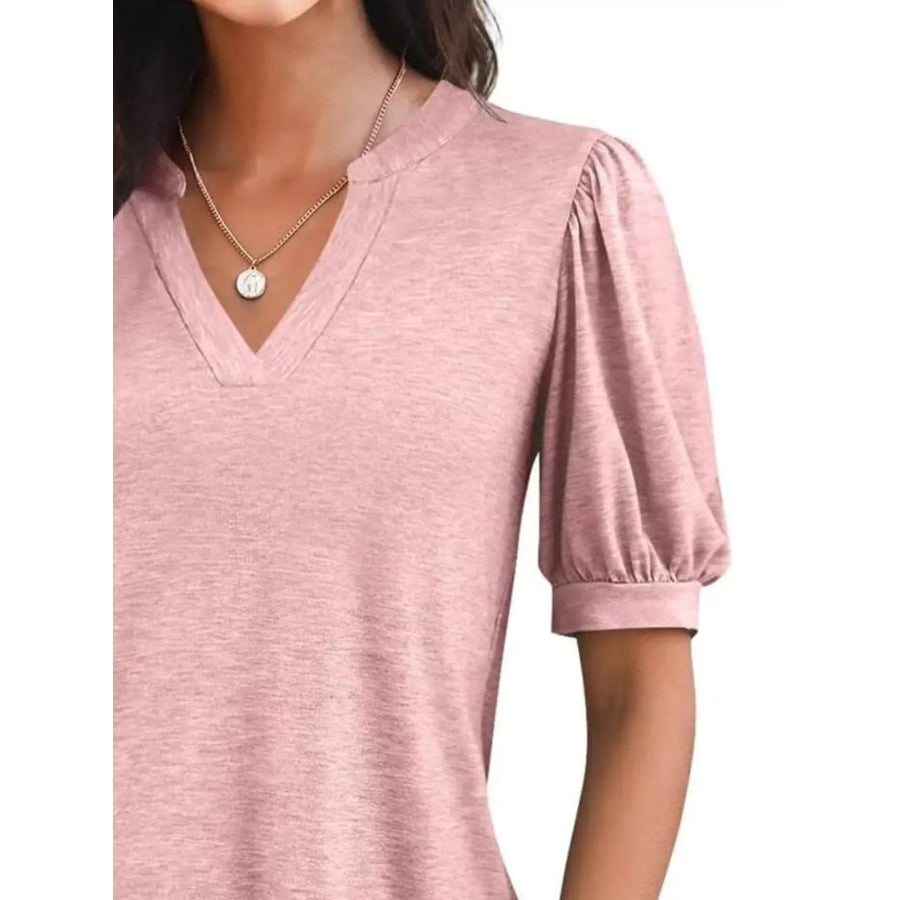 Puff Sleeve Notched Casual T-Shirt Apparel and Accessories