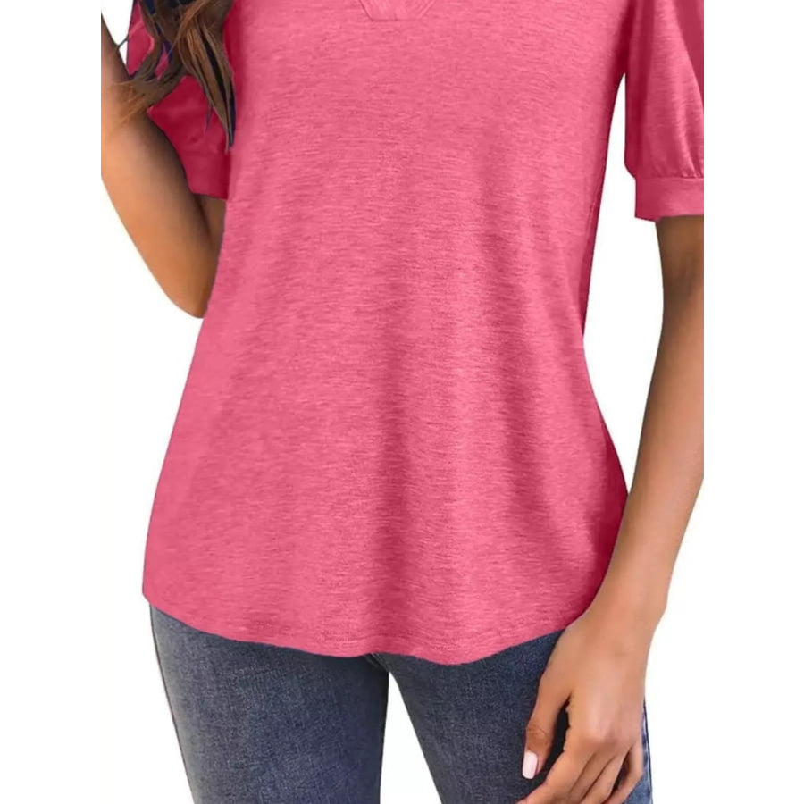 Puff Sleeve Notched Casual T-Shirt Apparel and Accessories