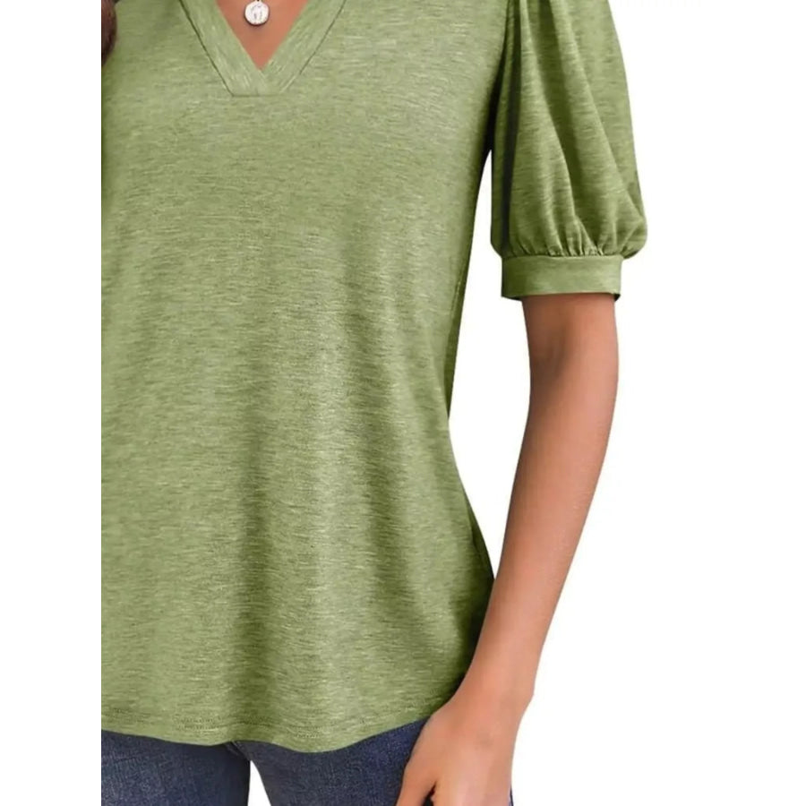 Puff Sleeve Notched Casual T-Shirt Apparel and Accessories