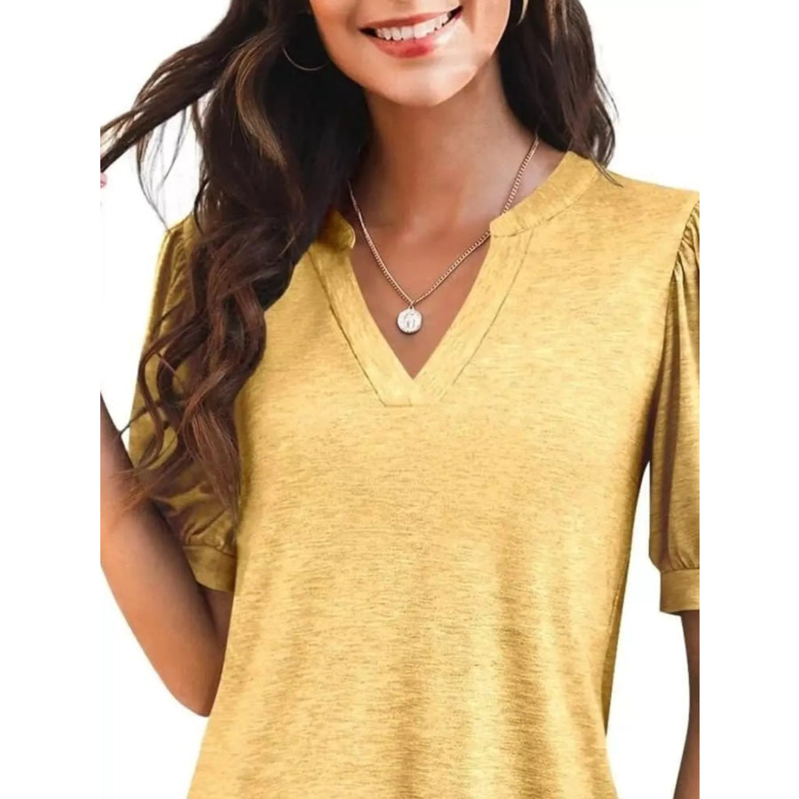 Puff Sleeve Notched Casual T-Shirt Apparel and Accessories