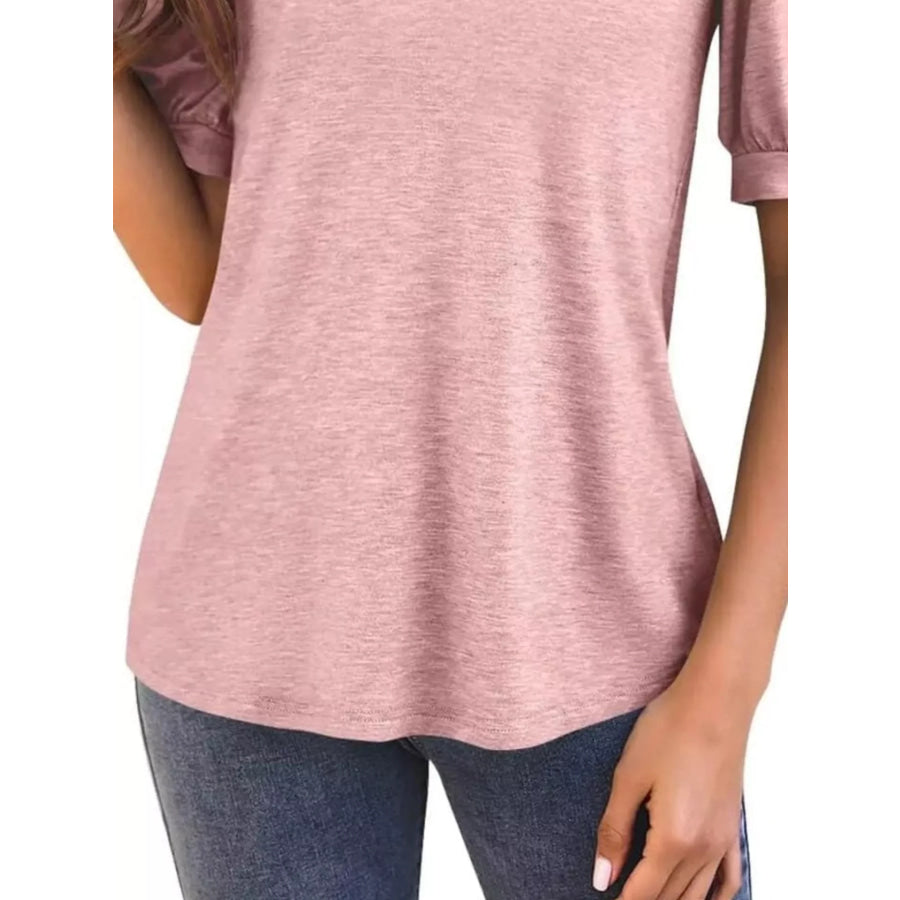 Puff Sleeve Notched Casual T-Shirt Apparel and Accessories