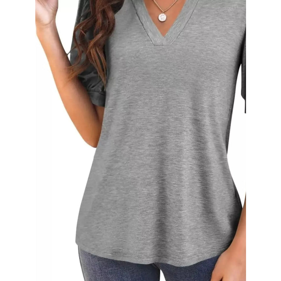 Puff Sleeve Notched Casual T-Shirt Apparel and Accessories
