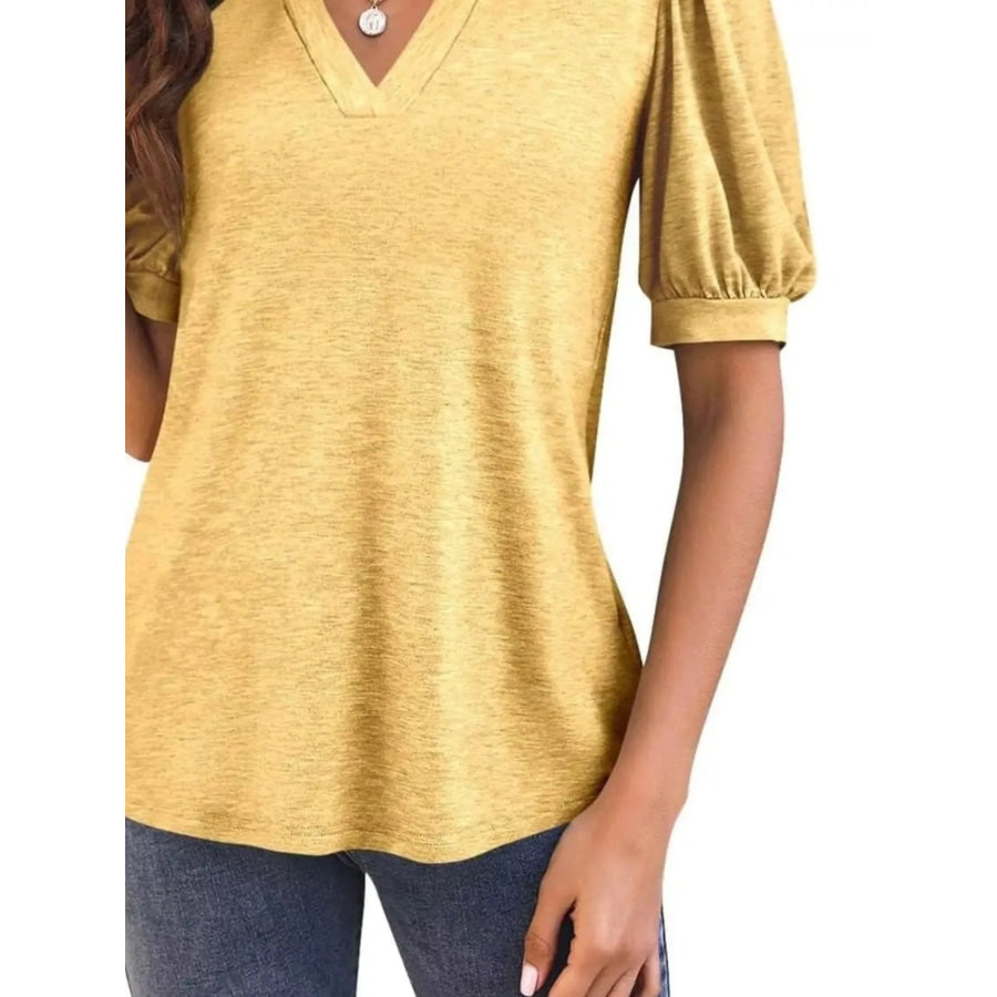 Puff Sleeve Notched Casual T-Shirt Apparel and Accessories