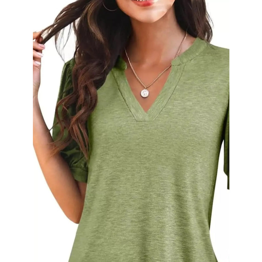 Puff Sleeve Notched Casual T-Shirt Apparel and Accessories