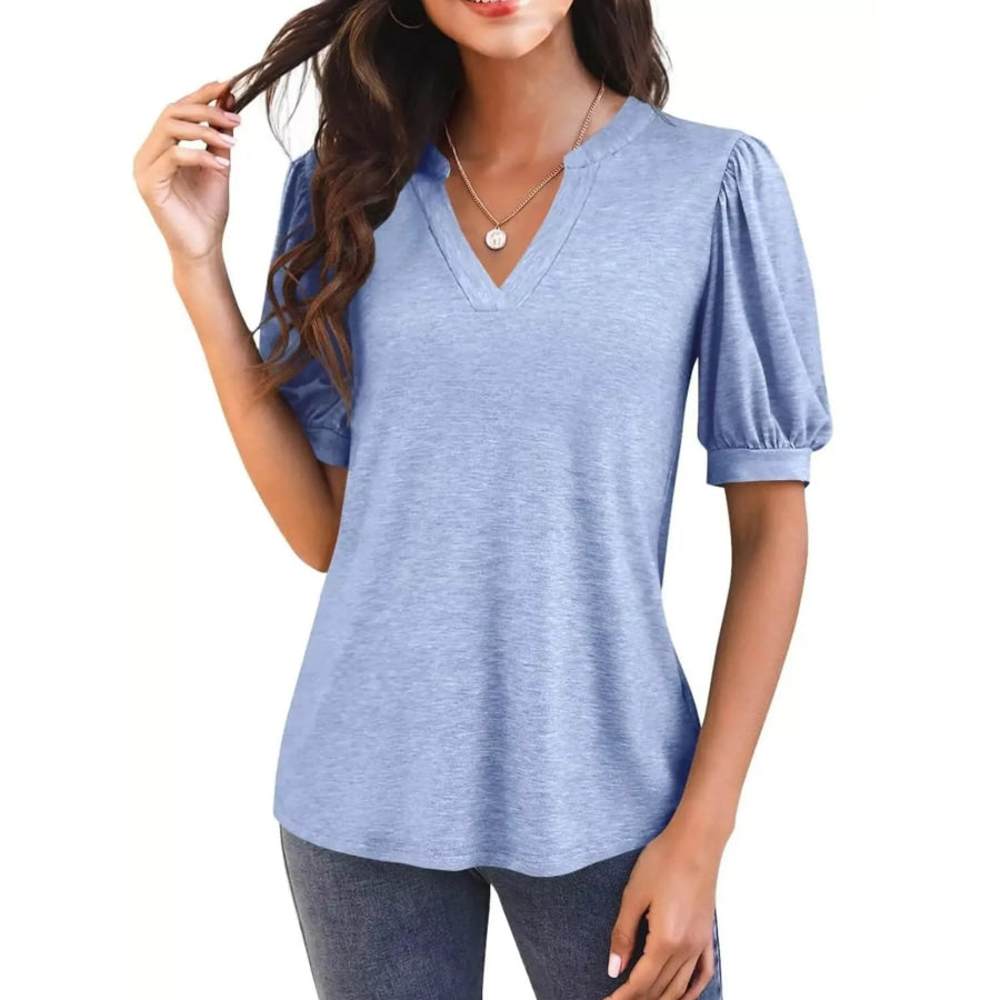 Puff Sleeve Notched Casual T-Shirt Apparel and Accessories
