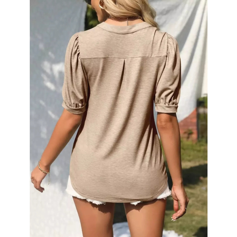 Puff Sleeve Notched Casual T-Shirt Apparel and Accessories