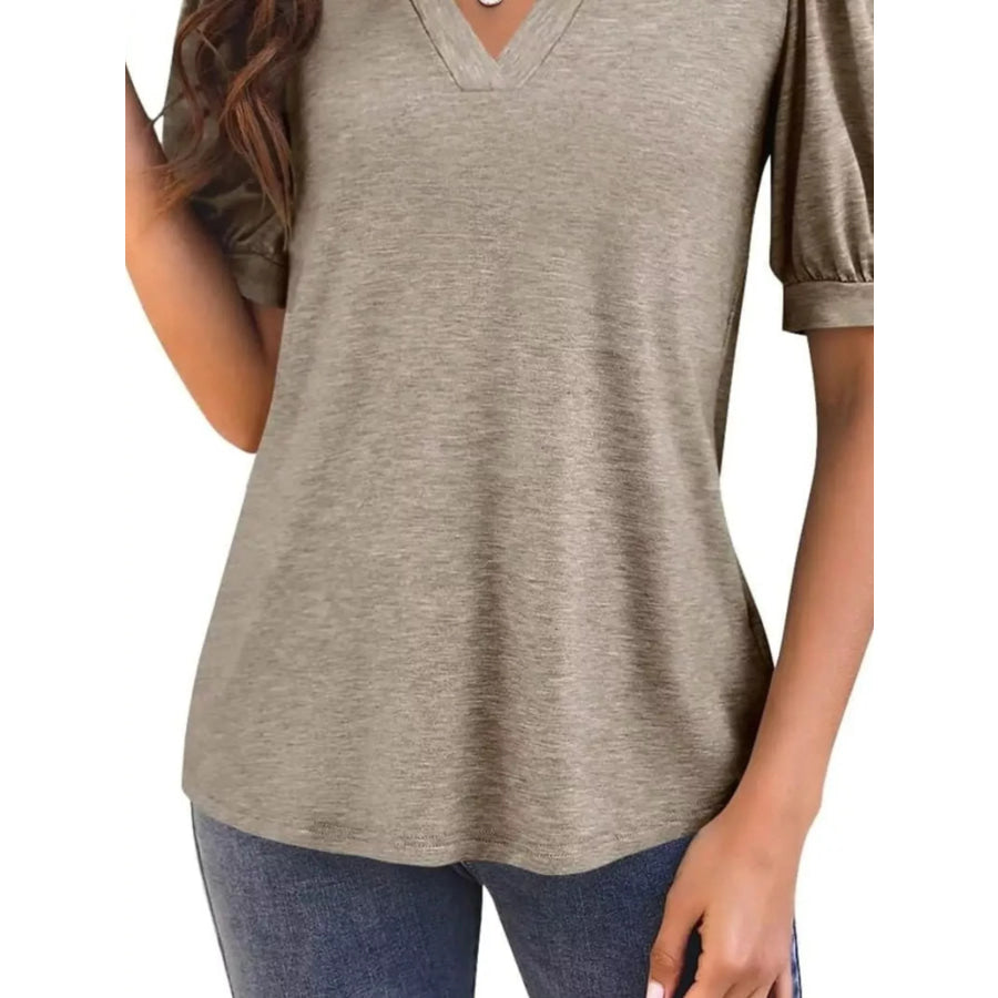 Puff Sleeve Notched Casual T-Shirt Apparel and Accessories