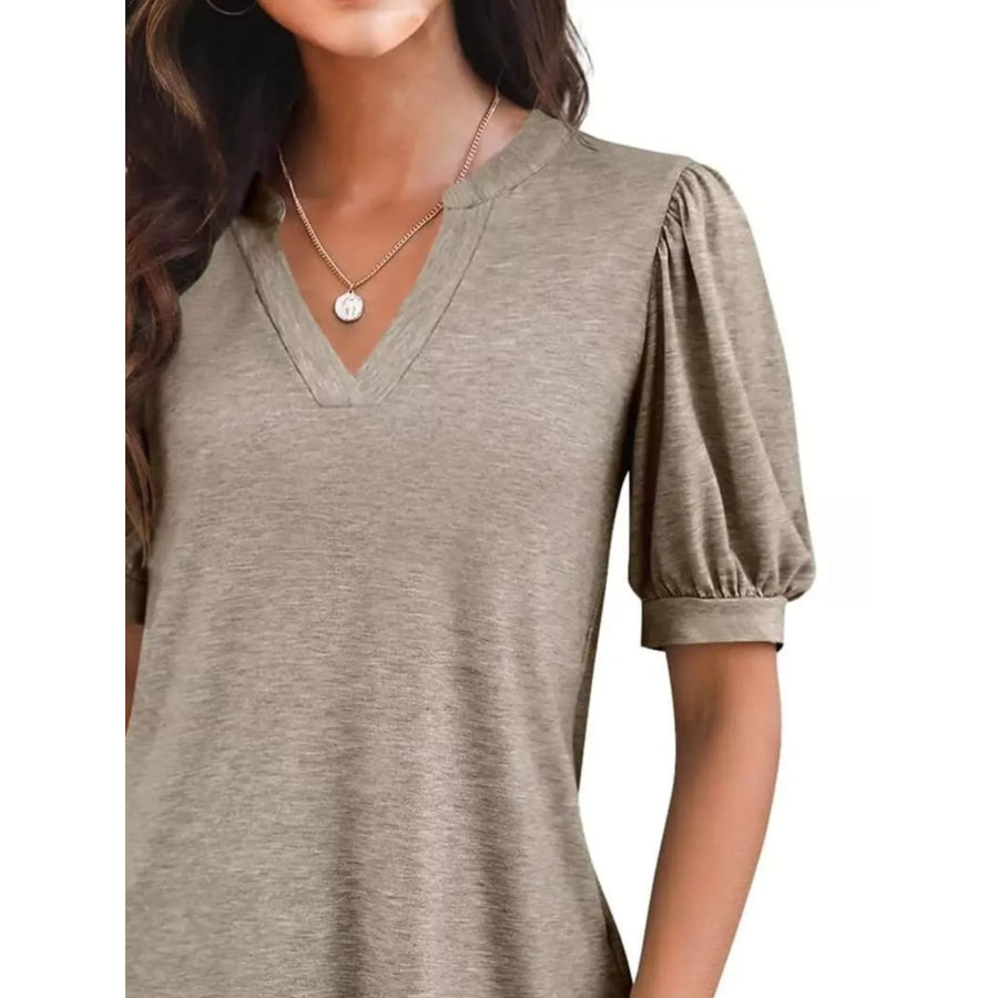 Puff Sleeve Notched Casual T-Shirt Apparel and Accessories