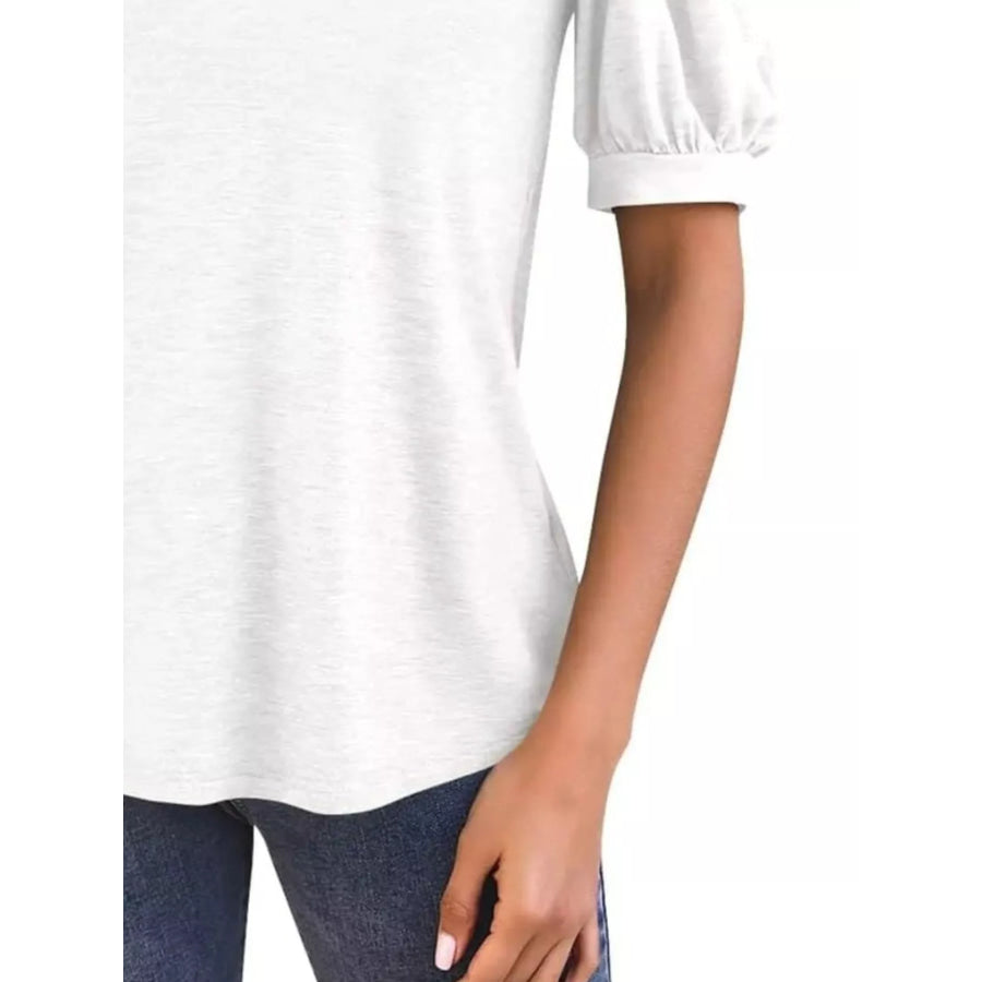 Puff Sleeve Notched Casual T-Shirt Apparel and Accessories