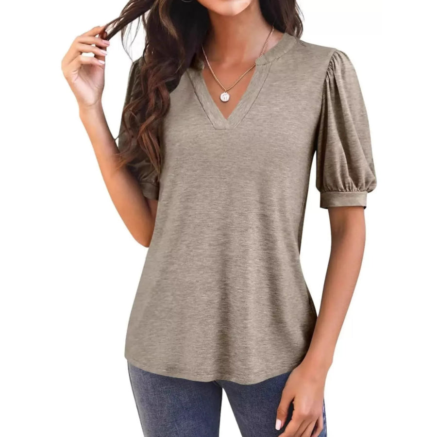 Puff Sleeve Notched Casual T-Shirt Camel / S Apparel and Accessories