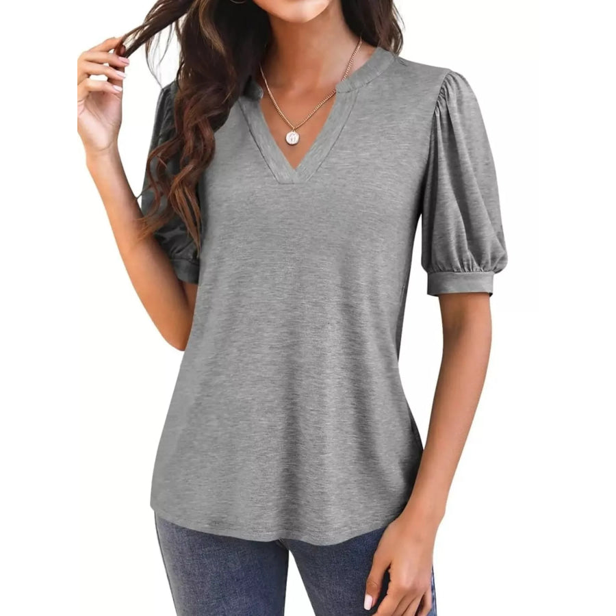Puff Sleeve Notched Casual T-Shirt Dark Gray / S Apparel and Accessories
