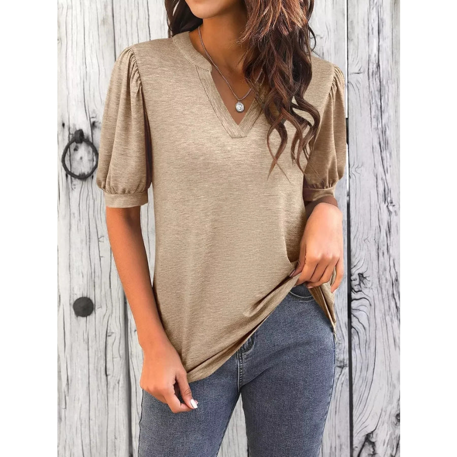 Puff Sleeve Notched Casual T-Shirt Khaki / S Apparel and Accessories