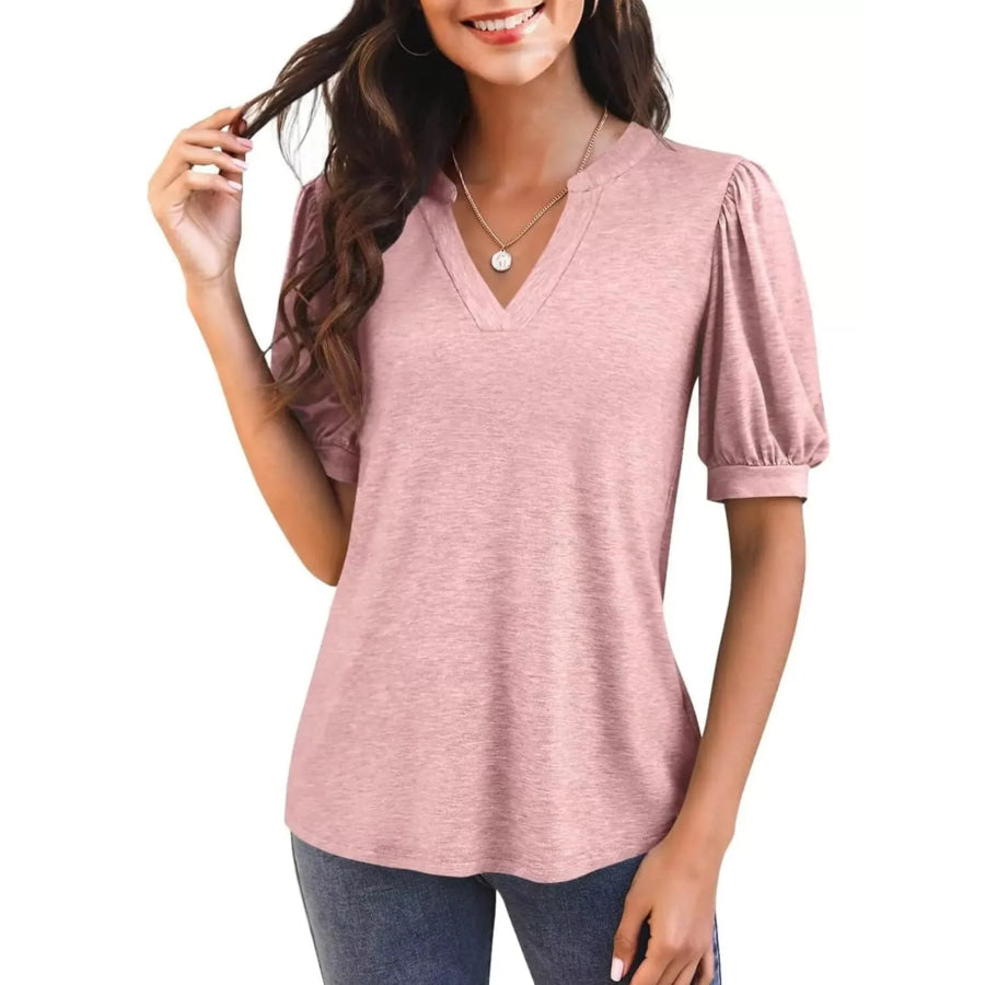 Puff Sleeve Notched Casual T-Shirt Light Pink / S Apparel and Accessories
