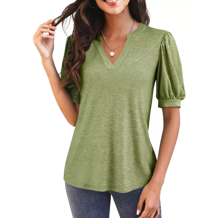 Puff Sleeve Notched Casual T-Shirt Matcha Green / S Apparel and Accessories