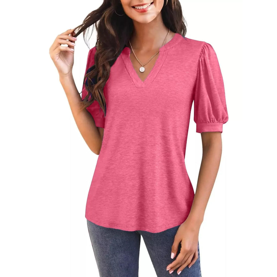 Puff Sleeve Notched Casual T-Shirt Rose Pink / S Apparel and Accessories