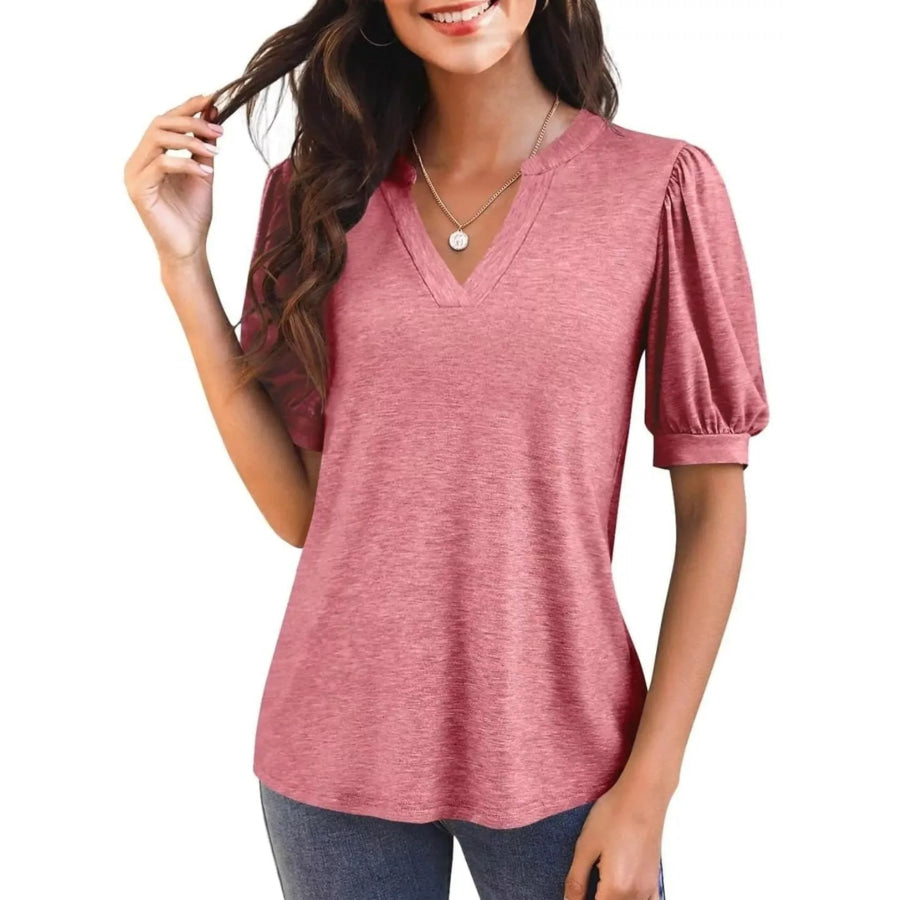 Puff Sleeve Notched Casual T-Shirt Rust Red / S Apparel and Accessories