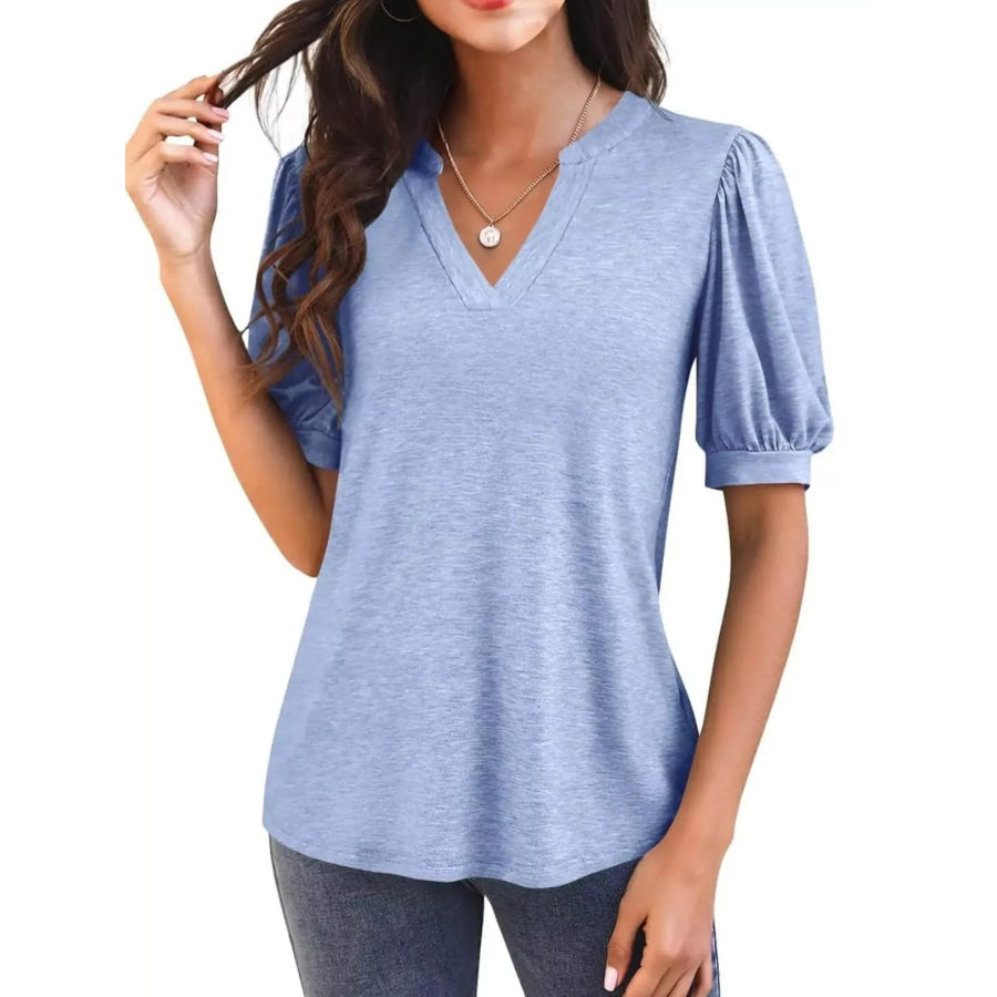 Puff Sleeve Notched Casual T-Shirt Sky Blue / S Apparel and Accessories