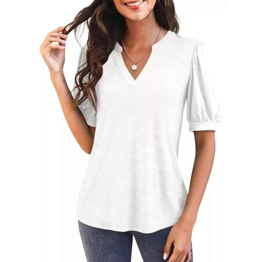 Puff Sleeve Notched Casual T-Shirt White / S Apparel and Accessories