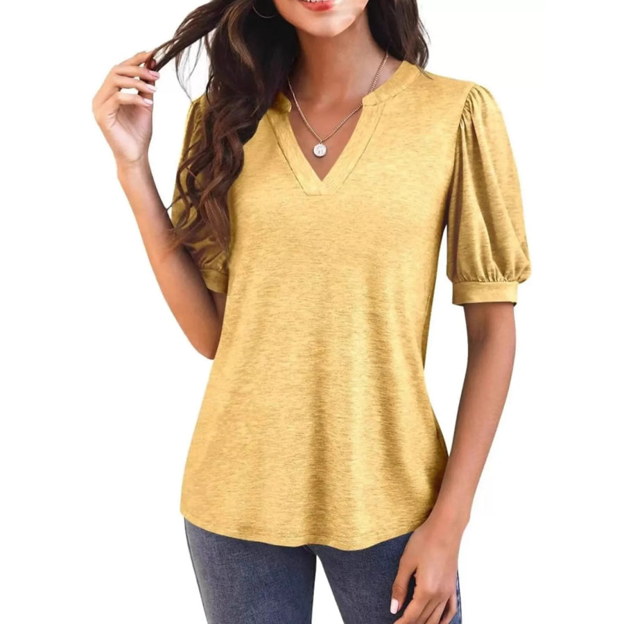 Puff Sleeve Notched Casual T-Shirt Yellow / S Apparel and Accessories