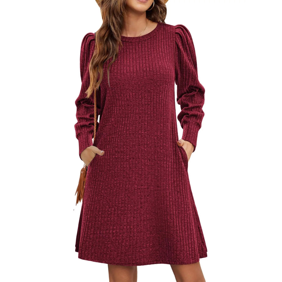 Puff Sleeve Ribbed Knit Dress with Pockets Apparel and Accessories
