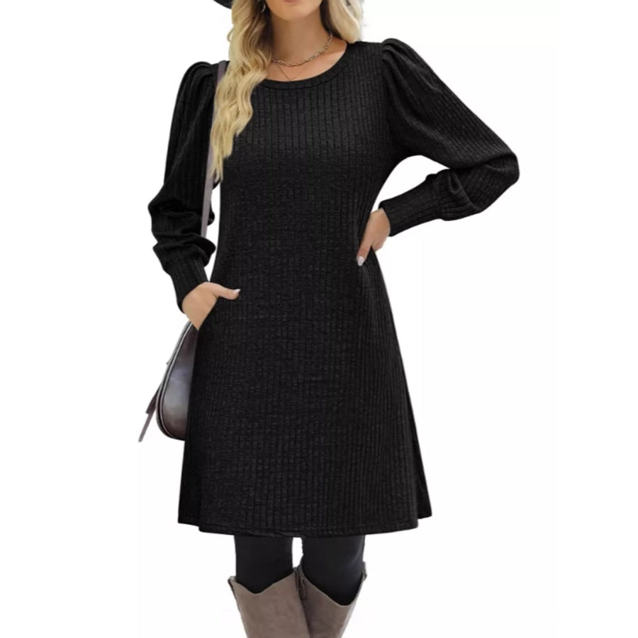 Puff Sleeve Ribbed Knit Dress with Pockets Apparel and Accessories