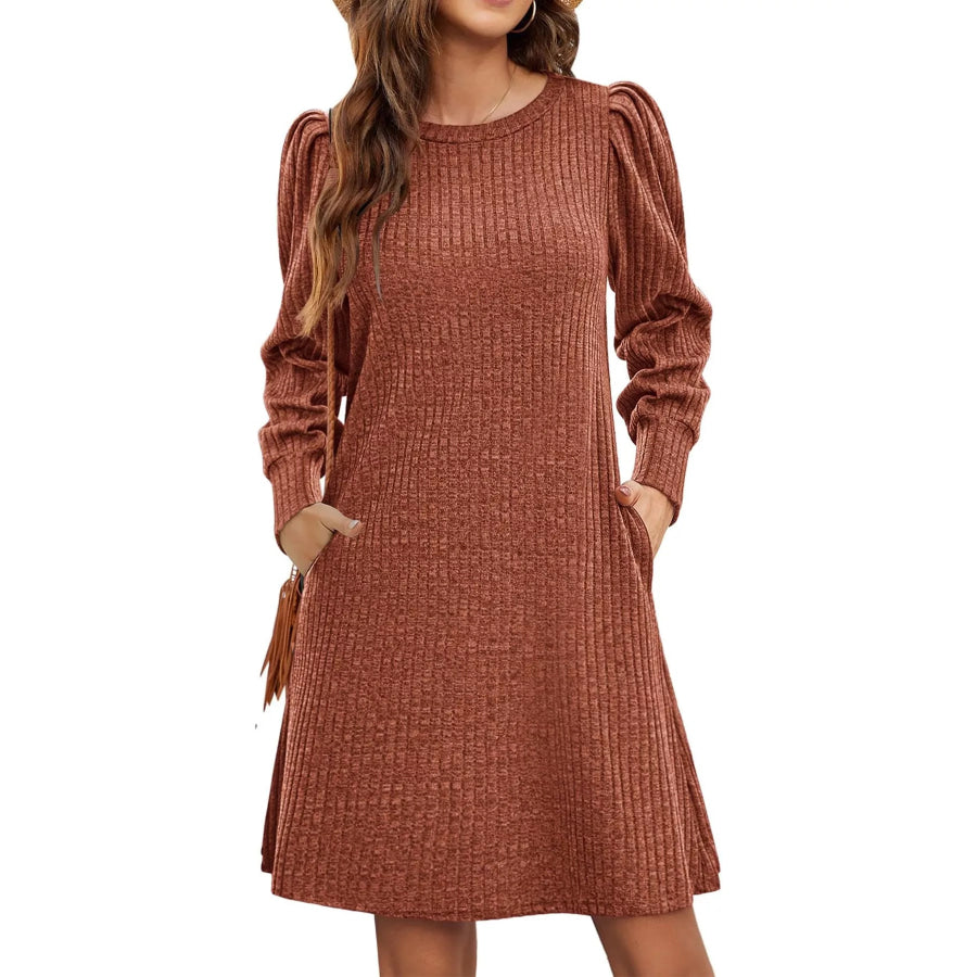 Puff Sleeve Ribbed Knit Dress with Pockets Apparel and Accessories