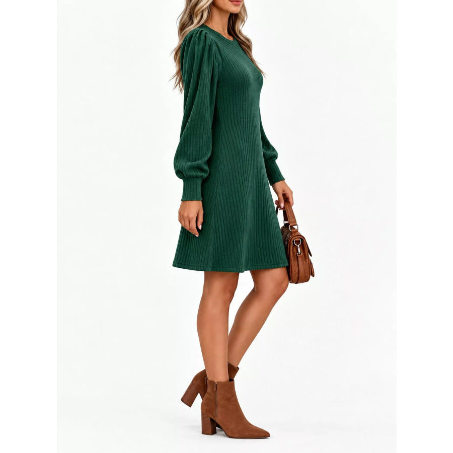 Puff Sleeve Ribbed Knit Dress with Pockets Apparel and Accessories