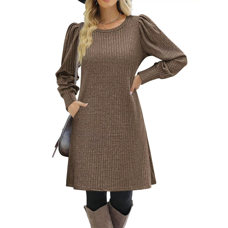 Puff Sleeve Ribbed Knit Dress with Pockets Apparel and Accessories