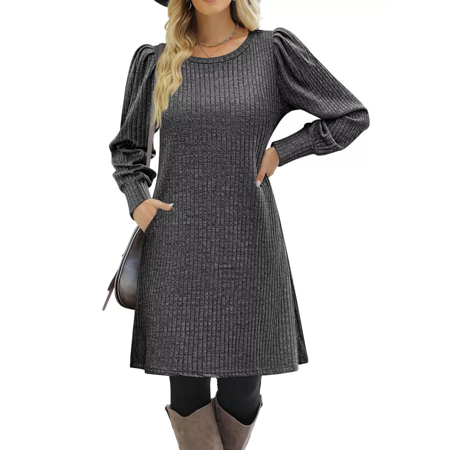 Puff Sleeve Ribbed Knit Dress with Pockets Apparel and Accessories