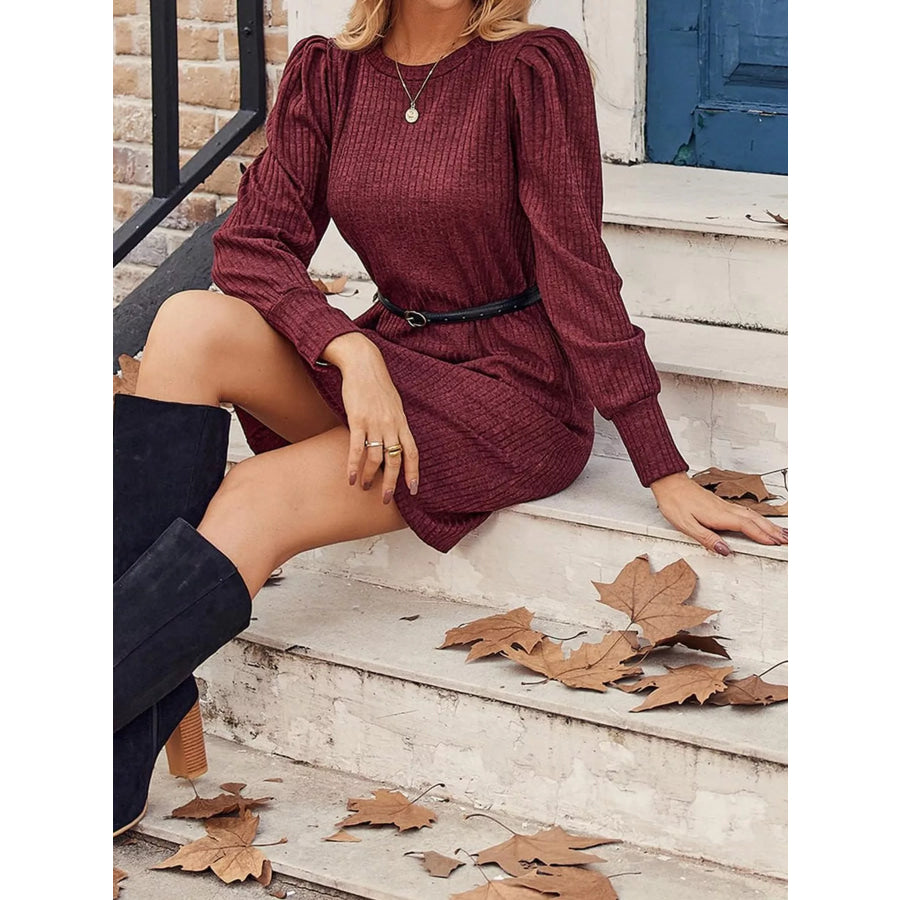 Puff Sleeve Ribbed Knit Dress with Pockets Apparel and Accessories