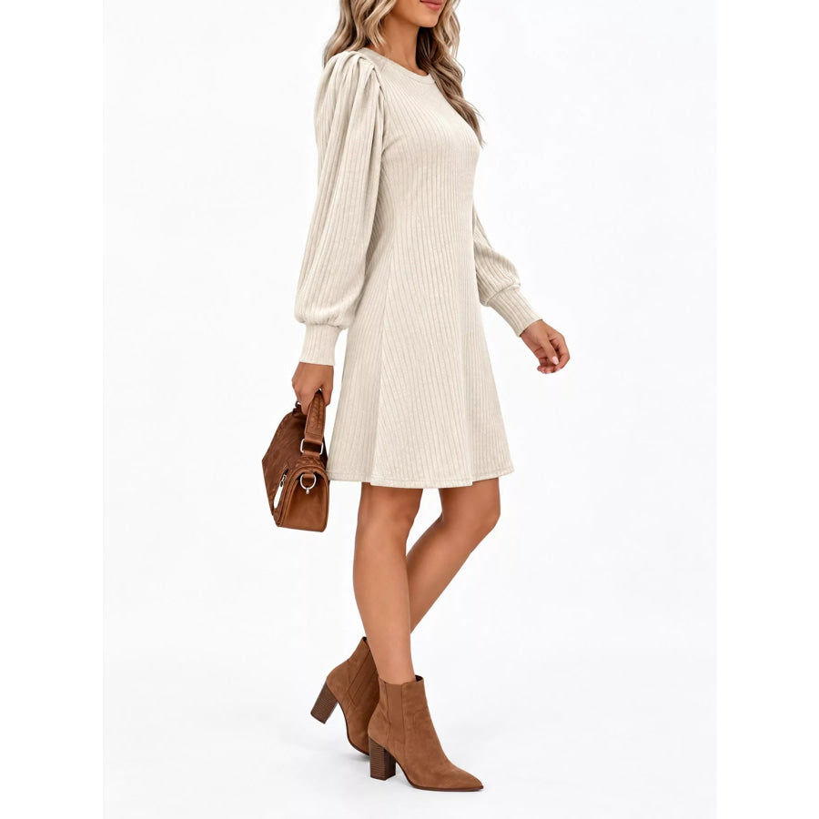 Puff Sleeve Ribbed Knit Dress with Pockets Apparel and Accessories
